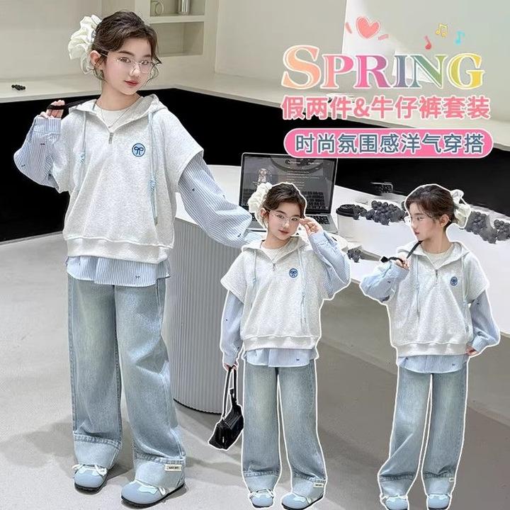 女童卫衣春秋款儿童大童连帽韩版时尚百搭拼接连帽长袖外穿假两件