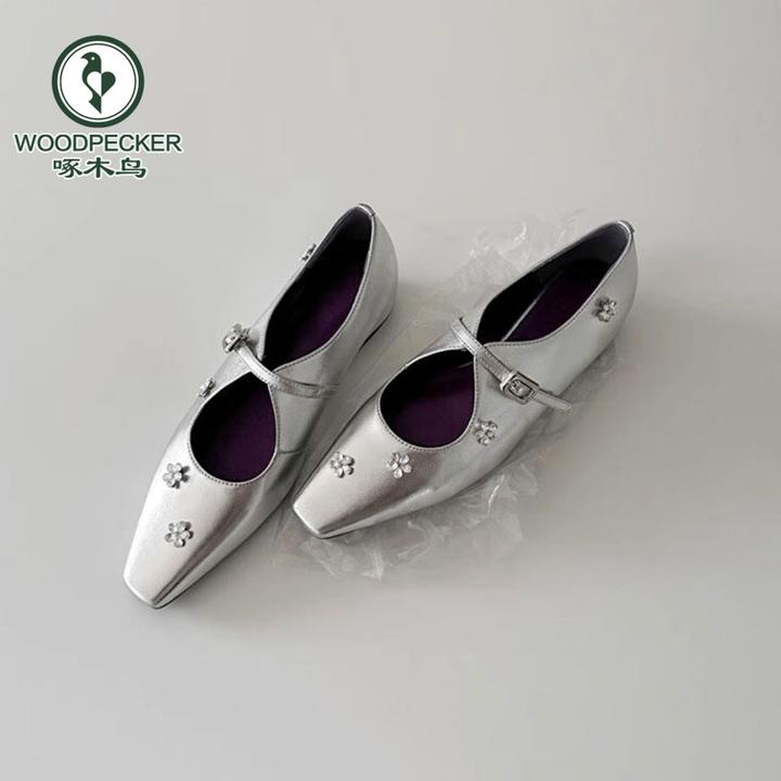 啄木鸟羊皮版~法式水钻花朵内增高方头浅口单鞋女一字带玛丽珍鞋