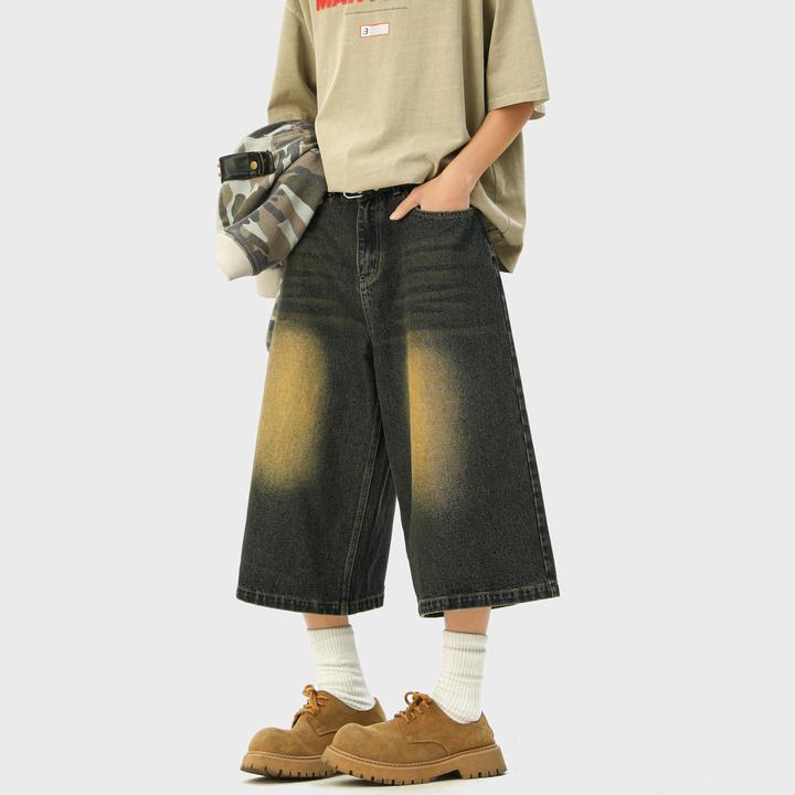 【ONEARTS牛仔裤】做旧水洗黄泥七分裤男2025夏季美式潮牌阔腿裤子