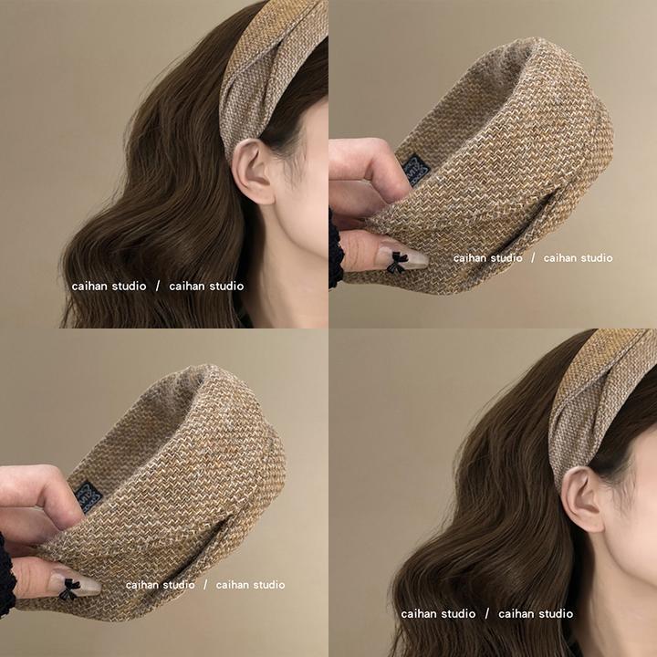 英伦贵族~格纹浅咖宽面发箍女2025秋冬新款绒布文艺压发头箍旅行