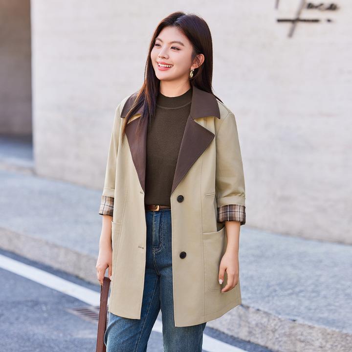 MsShe大码女装秋装英伦风撞色拼接格纹袖口宽松风衣外套Q2509005