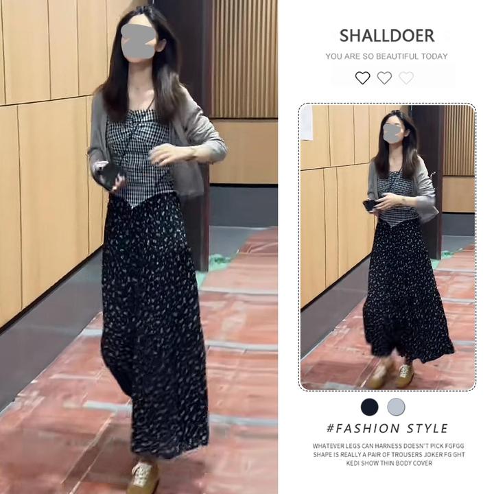 夏季流行穿搭一整套女2025新款灰色开衫格子吊带高腰半身裙三件套