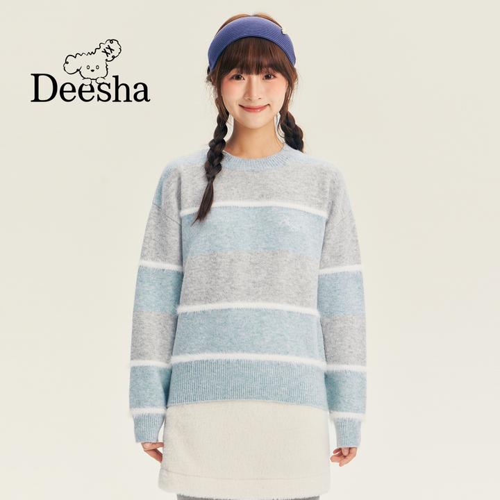 笛莎青少年25秋冬胸前小标条纹圆领套头长袖儿童毛衣 -N22554301