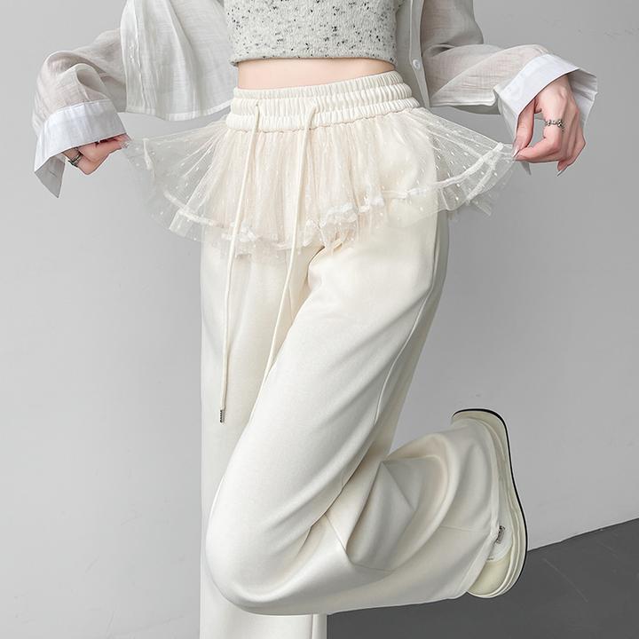 设计感蕾丝花边拼接阔腿裤女春秋季两穿辣妹芭蕾风直筒百搭休闲裤