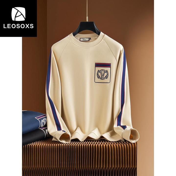 秋季高端时尚潮流撞色拼接刺绣衣服男士百搭圆领休闲长袖卫衣男款