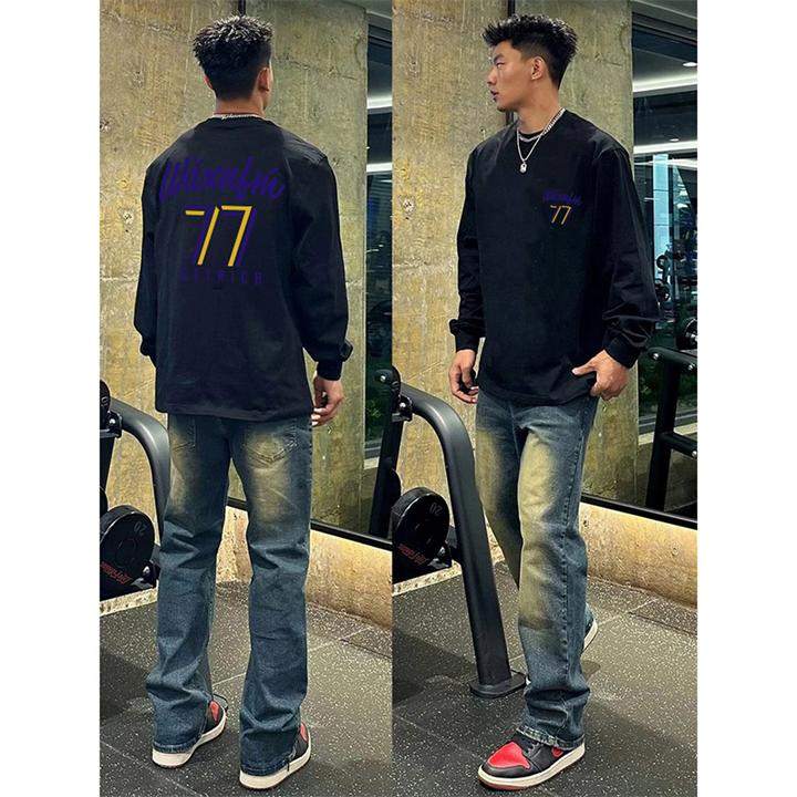 潮牌嘻哈数字印花正肩长袖T恤男春季宽松高级感上衣休闲打底衫ins