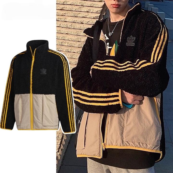 Adidas三叶草秋冬外套Sherpa情侣款拼接羊羔绒立领休闲夹克GT7295