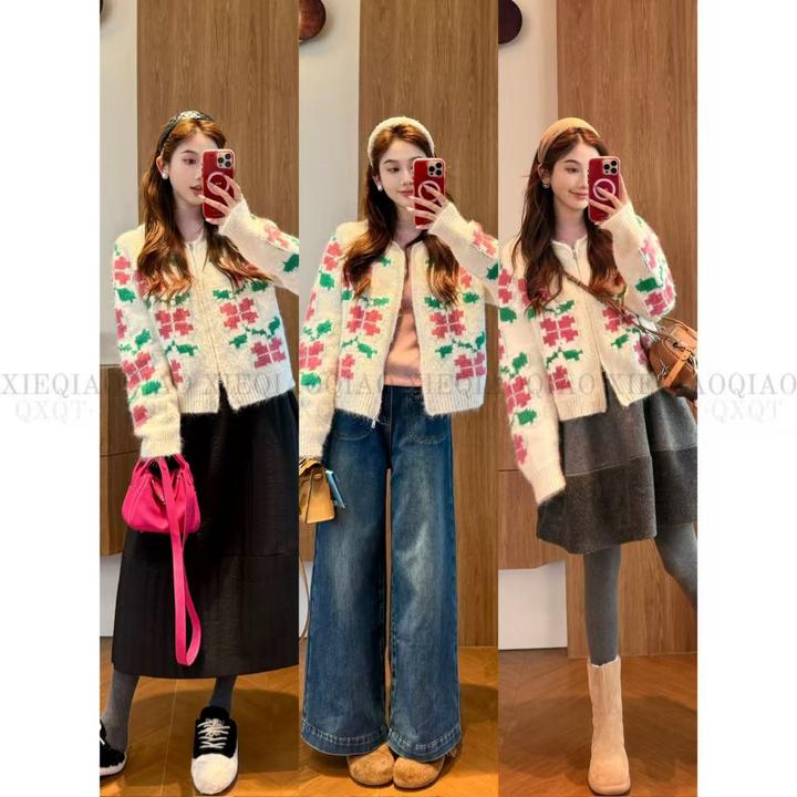 谢荞荞「冬日花语」羊毛秋冬季复古重工提花拉链小翻领针织毛衣外套