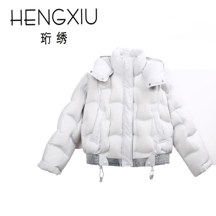 珩绣2025新款泡芙牛仔拼接90白鸭绒加厚百搭时尚羽绒服外套GJ7860