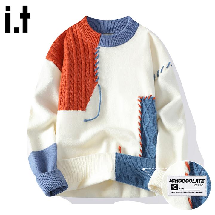 it :CHOCOOLATE撞色圆领毛衣男秋季新款拼接设计感针织衫外套男款