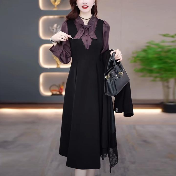 帛莱精纺黑色显瘦长袖连衣裙2025春季新款气质时尚假两件打底裙子