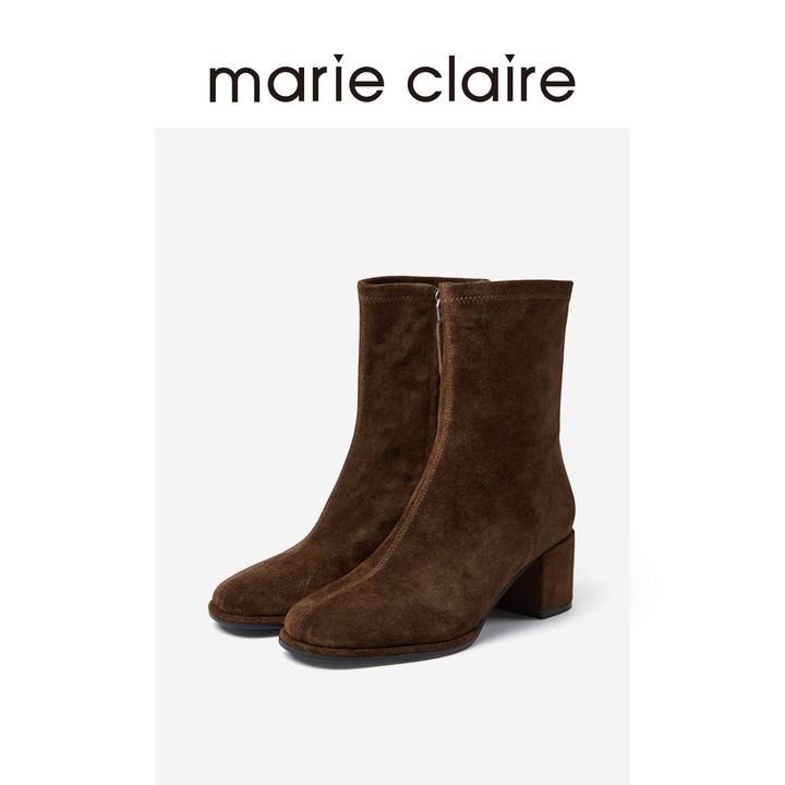 MC女鞋粗跟瘦瘦靴2025年冬季新款松露酒棕短靴女marieclaire女鞋