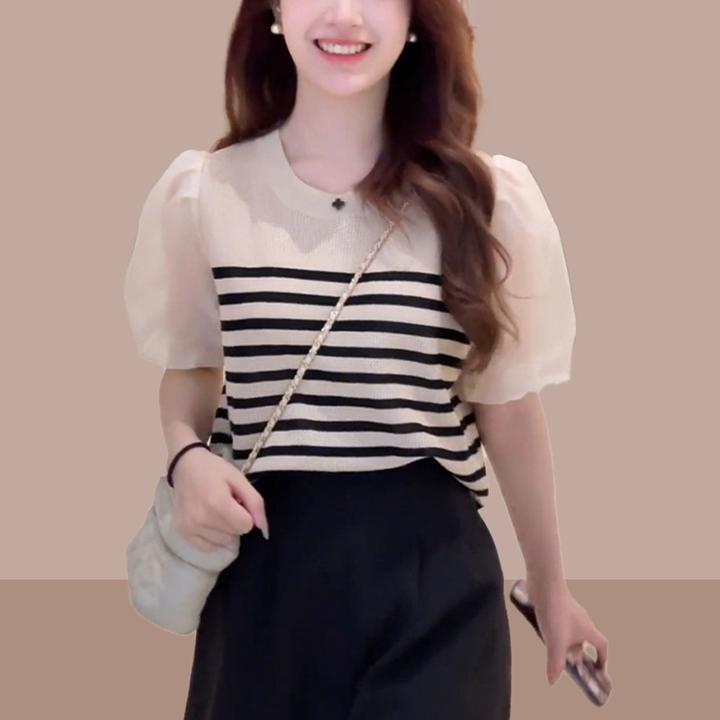 韩版设计感泡泡袖上衣女2025夏季新款小个子显瘦小衫百搭短袖T恤
