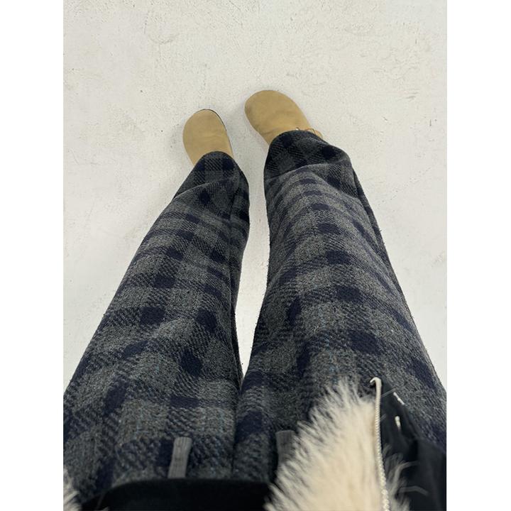 毛呢格子裤子男款秋冬慵懒风加绒加厚重磅磨毛裤子显瘦直筒休闲裤