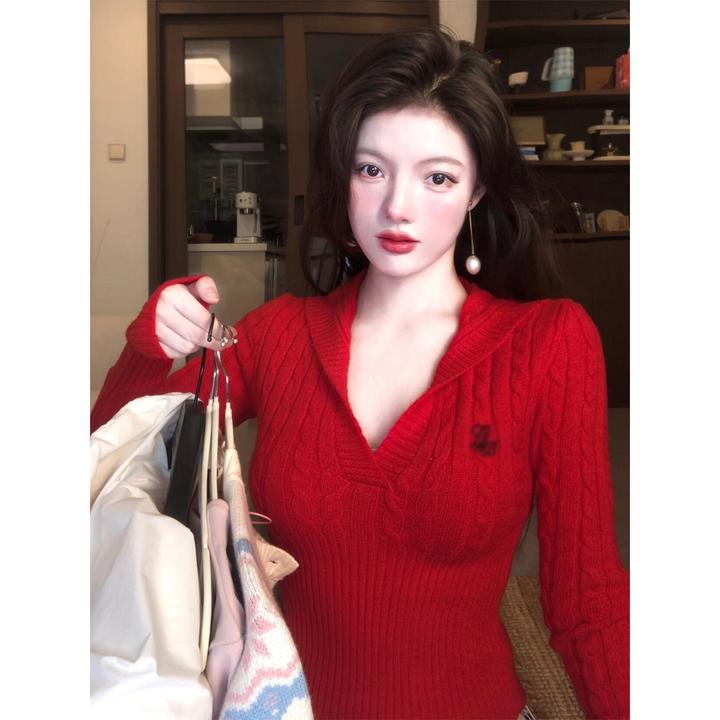 红色圣诞高级感针织vl领毛衣女2025秋冬季新款慵懒松弛感毛线上衣