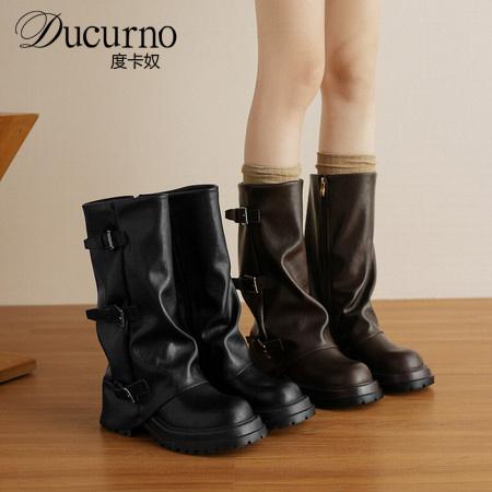 DUCURNO时尚厚底褶皱堆堆靴炸街裤管靴女皮带扣中筒靴真皮骑士靴