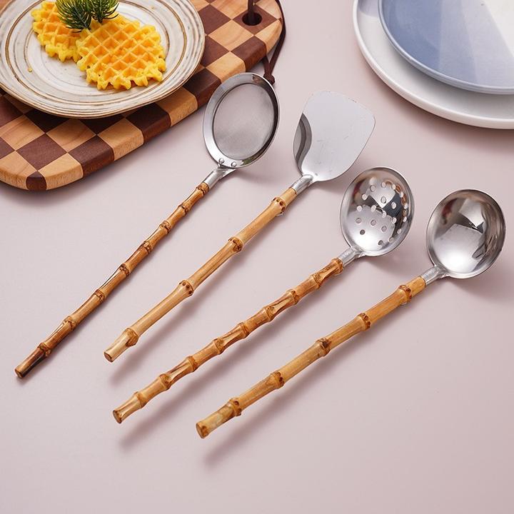 家用料理汤勺不锈钢加长火锅天然日式漏勺竹节料理