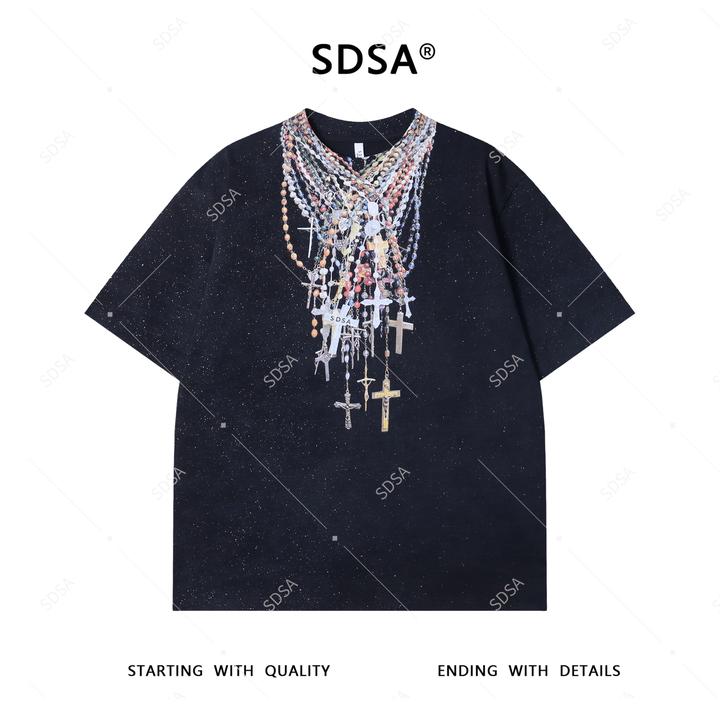 夏季高级感新款男士项链印花设计短袖T恤满天星宽松百搭圆领上衣