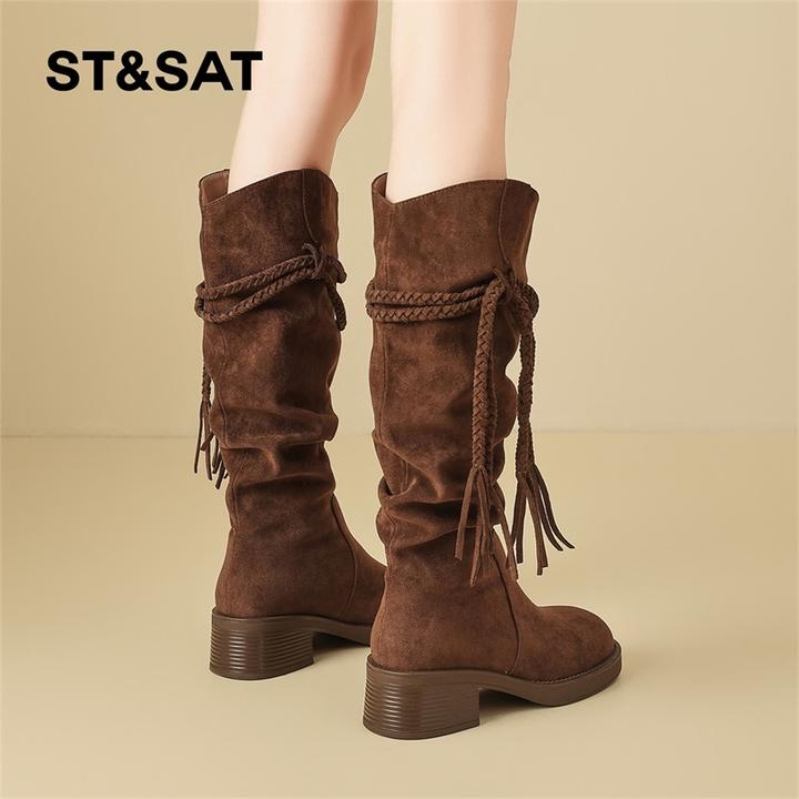 星期六复古废土风流苏骑士靴女2025粗跟不过膝长靴显瘦堆堆西部靴