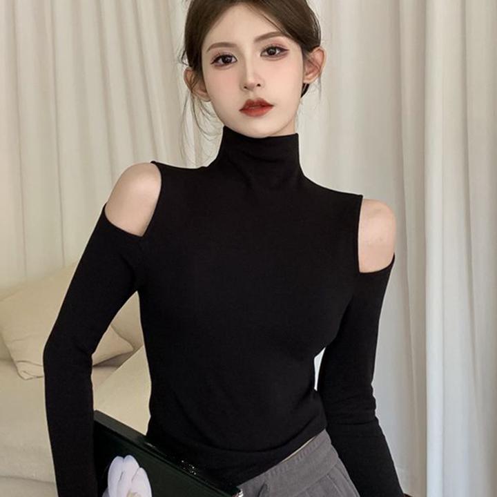 黑色半高领加绒打底衫女内搭保暖秋冬新款露肩设计感上衣长袖T恤