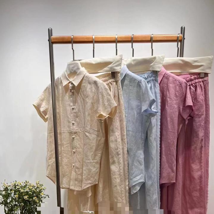 100%亚麻翻领上衣套装蕾丝气质女装连衣裙长袖休闲老钱风甜美夏季