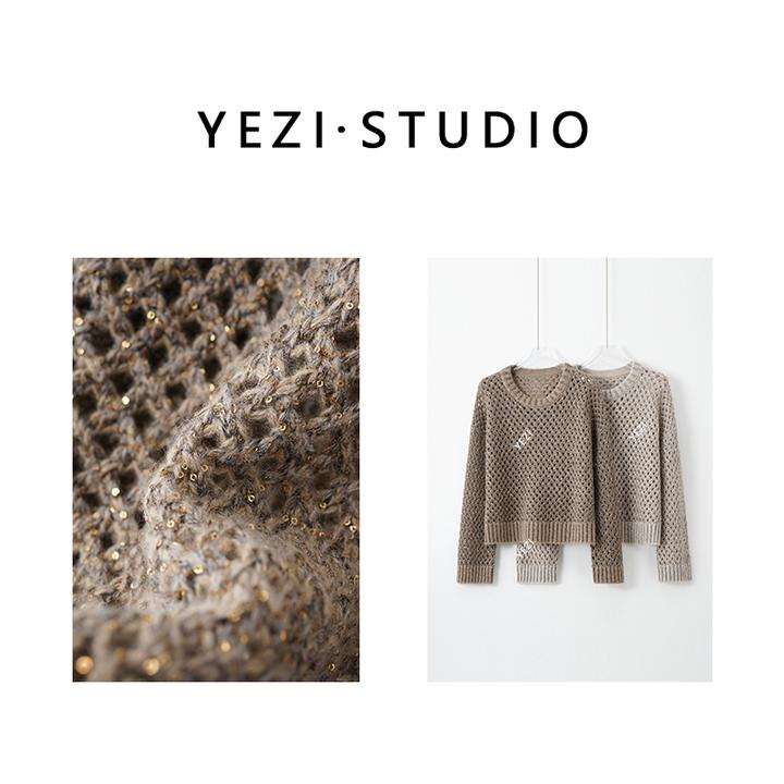 【老钱周末】慵懒贵族珠片镂空德国三针织机定做圆领针织衫25319014