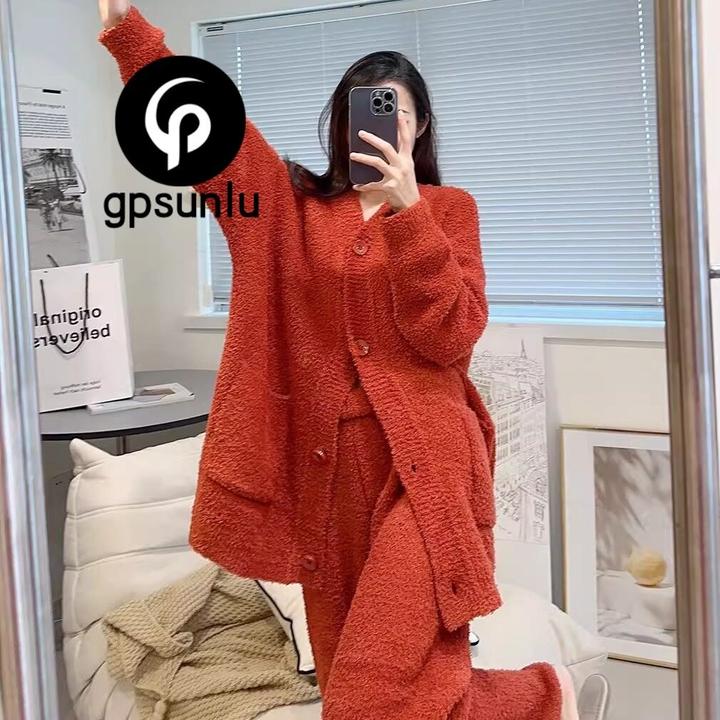 gpsunlu红色过年睡衣女款半边绒针织秋冬新款保暖宽松软糯家居服