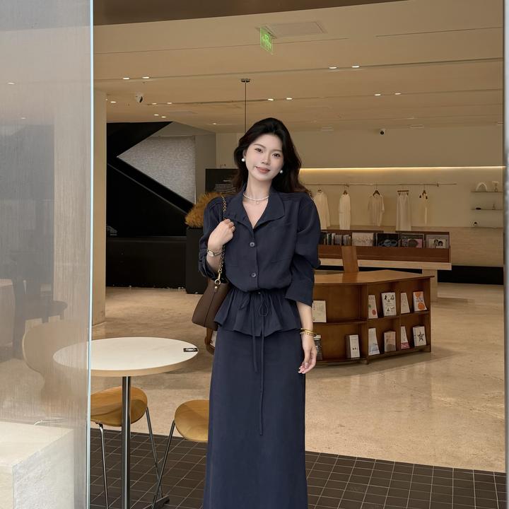 【晴空琉璃】老钱风长袖抽绳收腰衬衫套装女休闲A字半身长裙两件套