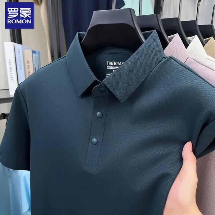 罗蒙2025夏季POLO衫无痕宽松纯色翻领短袖T恤衫罗蒙薄款冰丝polo