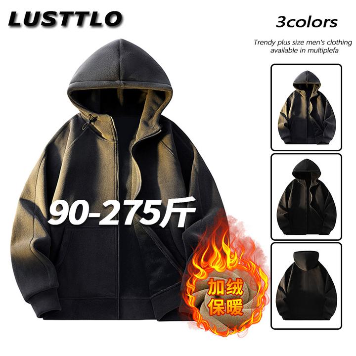 大码男士加绒保暖奥粒绒连帽开衫外套冬季新款潮休闲百搭夹克上衣