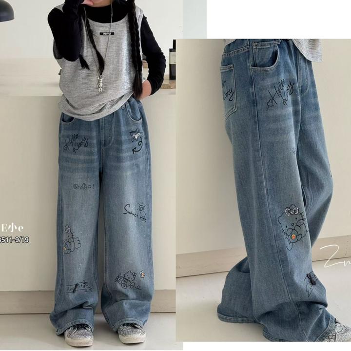 女童牛仔裤2025春秋新款女中大童洋气亮钻裤子卡通印花时尚牛仔裤