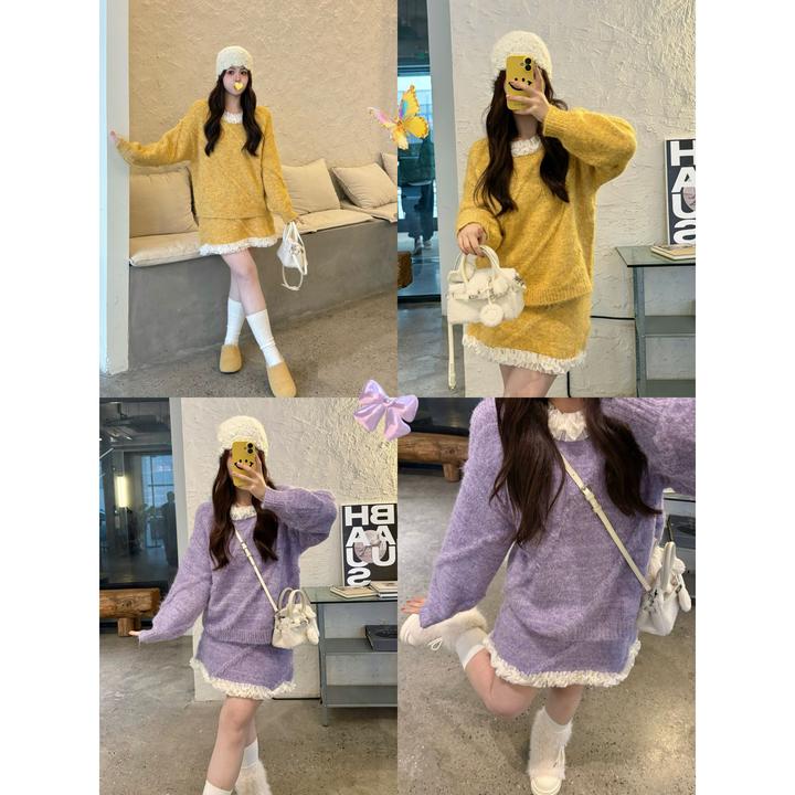 晶咕【绒绒暖意】温柔风慵懒针织花边长袖毛衣高腰显瘦半裙套装