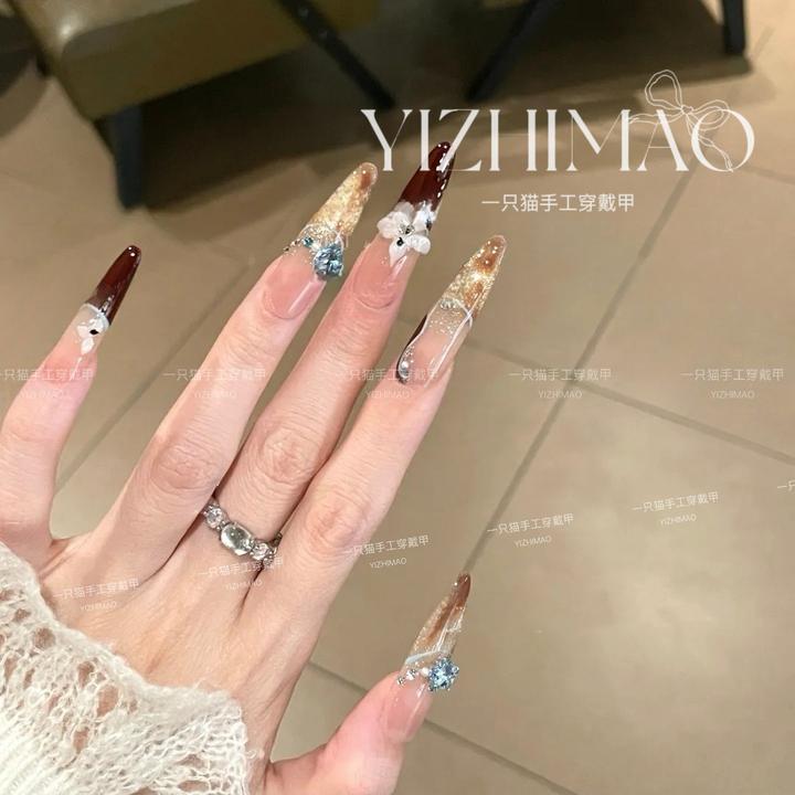 【晚霜海棠】氛围感爆闪晕染琥珀猫眼精致雕花蓝钻美甲手工穿戴甲