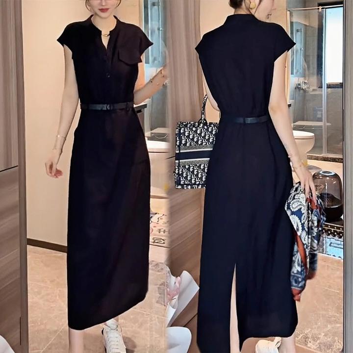 夏季新品收腰百搭开叉中长款裙子潮日常气质纯色短袖高级感连衣裙