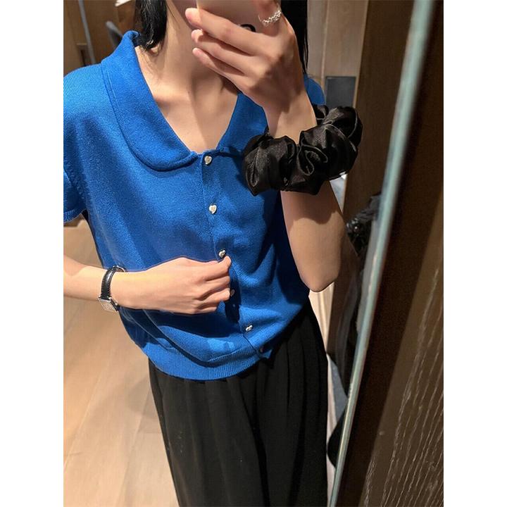 法式复古蓝色娃娃领短袖T恤女夏季时尚洋气POLO衫正肩翻领小上衣