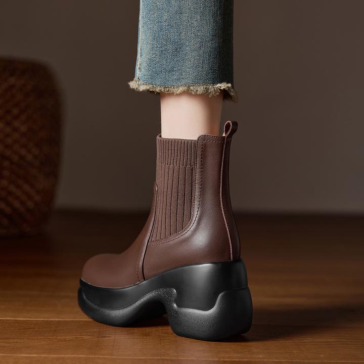 小个子增高8cm~英伦风针织厚底短靴女秋冬新款真皮弹力瘦瘦靴百搭