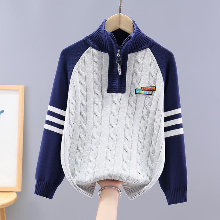 男童条纹学生毛衣新款中大童秋冬高领加绒加厚拉链针织衫毛线衣服