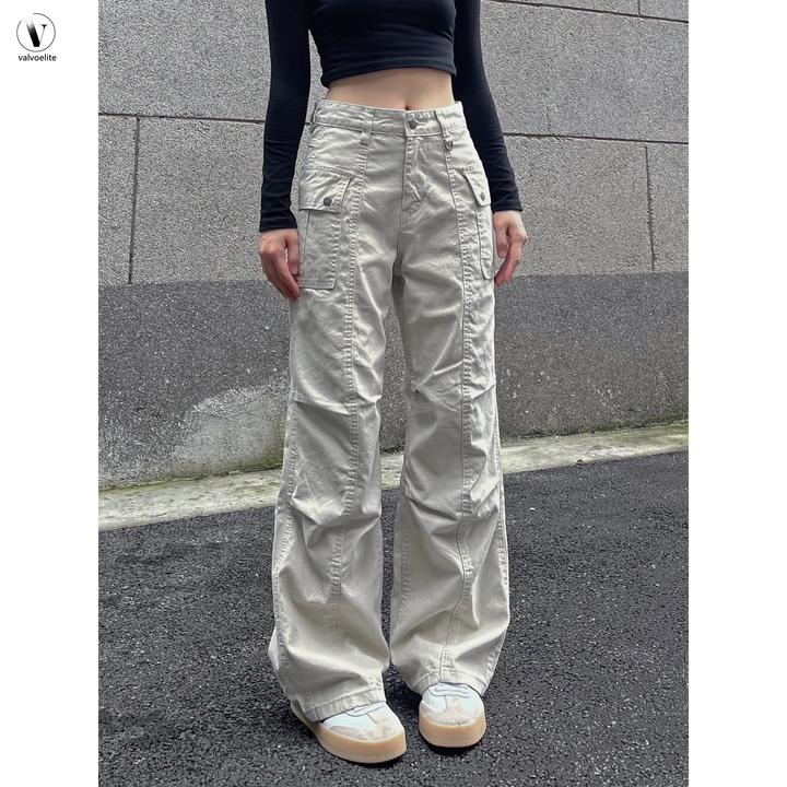 VALVOELITE美式复古工装裤伞兵直筒做旧褶皱牛仔辣妹休闲裤子女潮