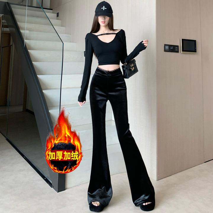加绒黑色丝绒微喇叭裤女秋冬2025新款时尚高腰显瘦休闲修身长裤