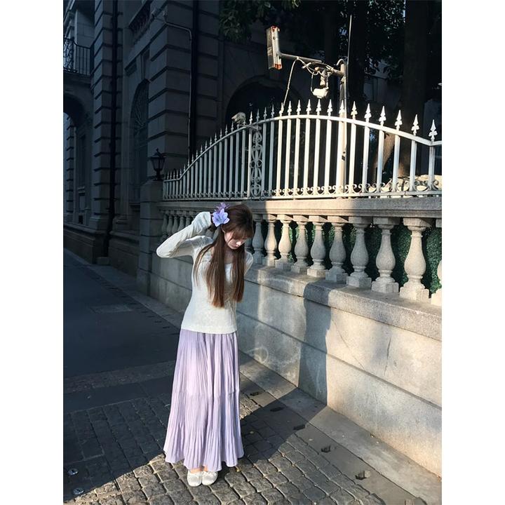 2025春季新款温柔系高级感U领修身长袖上衣高腰显瘦休闲大摆长裙