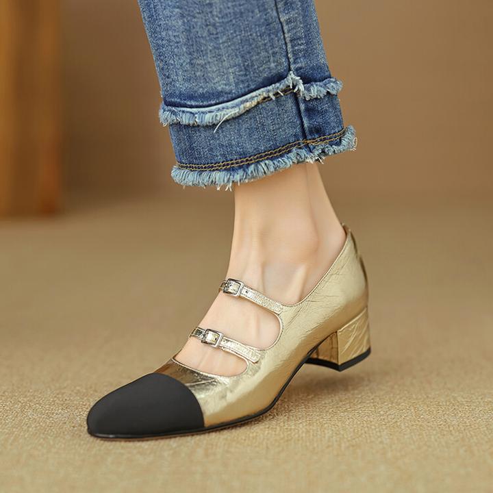 2025春秋款玛丽珍鞋女小香风拼色圆头法式复古浅口中跟一字带单鞋