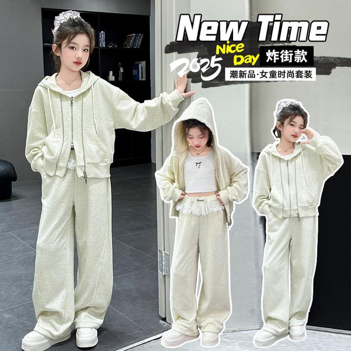 春季女童套装春秋2025新款中大童洋气连帽外套运动裤两件套小女孩