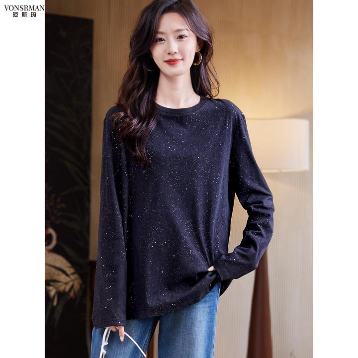 范斯玛圆领亮片棉质长袖T恤2025秋季韩版宽松休闲百搭内搭上衣女t
