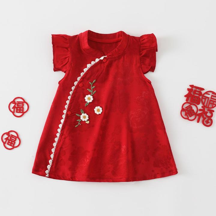 【专柜】夏季婴儿连衣裙中国风女宝宝旗袍偏扣护肚A字裙满月周岁礼
