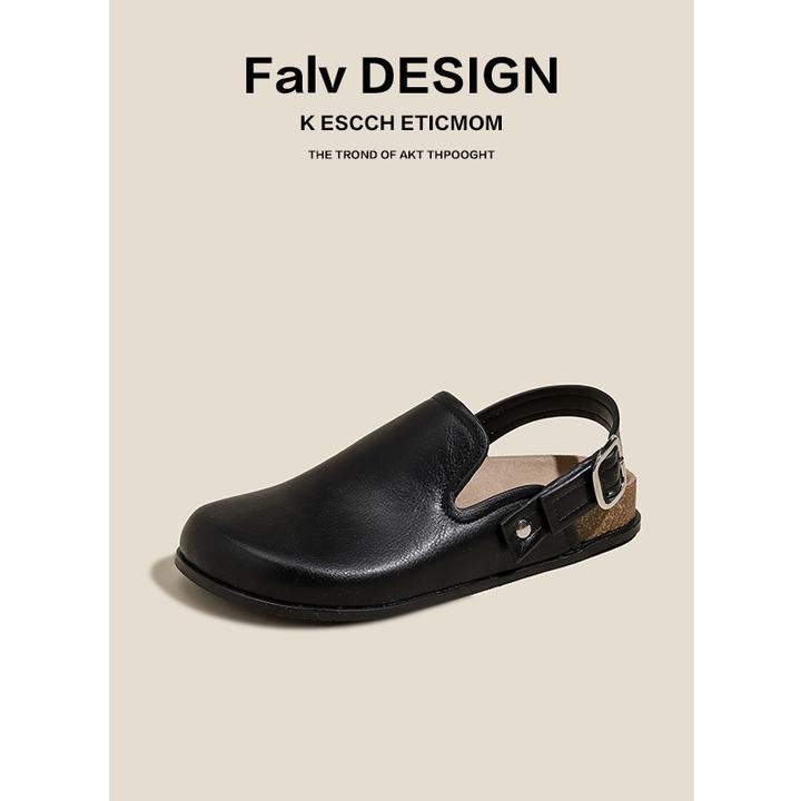 爆款鱼嘴飞机鞋复古博肯鞋凉鞋女夏季软底包头半拖鞋纯色圆头休闲