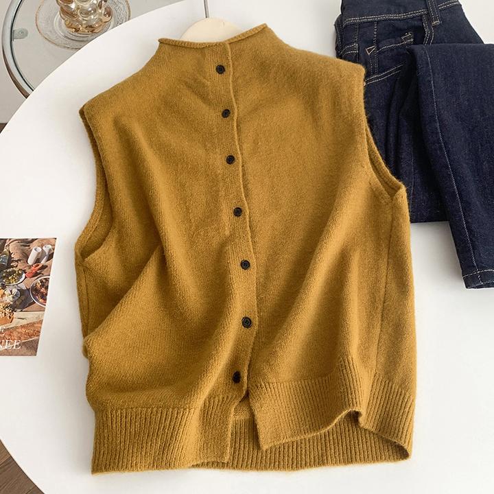 通勤风针织叠穿无袖上衣女式宽松舒适百搭黄色立领单排扣开衫马甲