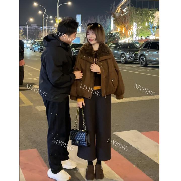 MY【中古梦境】新国标90白鸭绒冬季新款韩系糕毛拼接翻领羽绒服外套