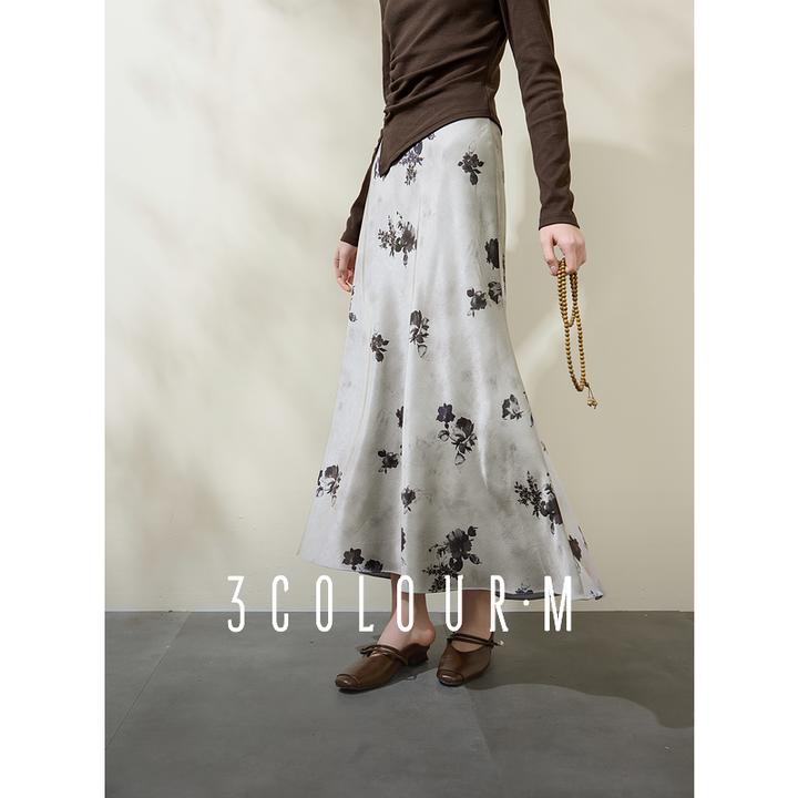 三彩2025春季新款印花半身裙高腰鱼尾裙浪漫长裙气质M