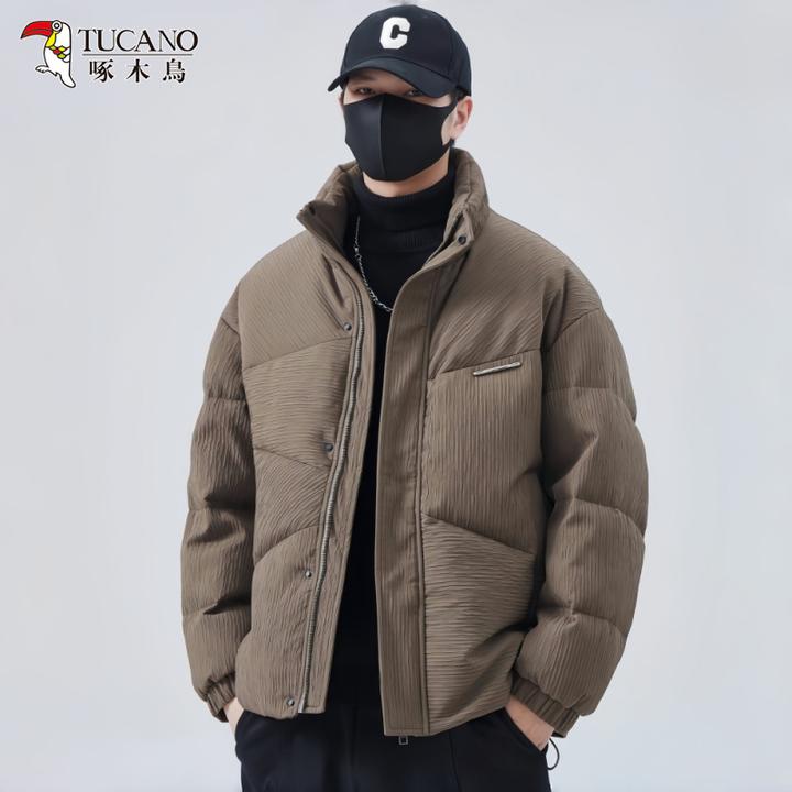 啄木鳥男士高级纹理感羽绒服冬季新款加厚立领短款保暖白鸭绒外套