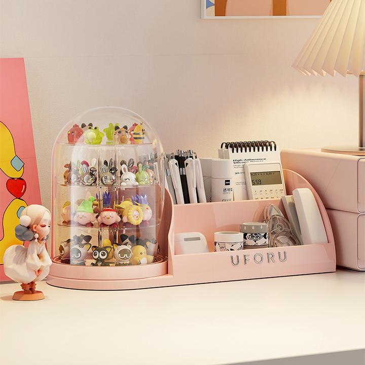 桌面文具收纳盒学生创意分格整理置物架多功能透明旋转手办展示架